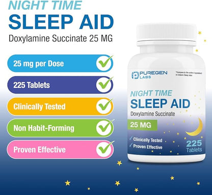 Puregen Labs Doxylamine Succinate 25mg | Nighttime Sleep Aid | Safe & Effective | Non-Habit Forming Sleep Aid | Made in USA | 225 Tablets