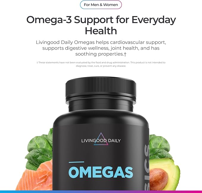 Livingood Daily Fish Oil Omega 3 Supplement, EPA and Dha from Wild Caught Fish, Omega 3 Fatty Acids for Heart, Brain, and Joint Health for Men and Women, Gluten Free, 30 Day Supply, 60 Softgels