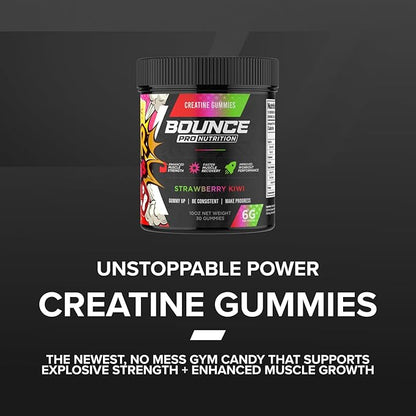 Bounce Pro Creatine Monohydrate Gummies for Men & Women, Low Calorie, 6G of Creatine per Serving, Vegan, Anti-Melting, Gluten-Free, Non-GMO (30 Count (Pack of 1), Strawberry Kiwi)