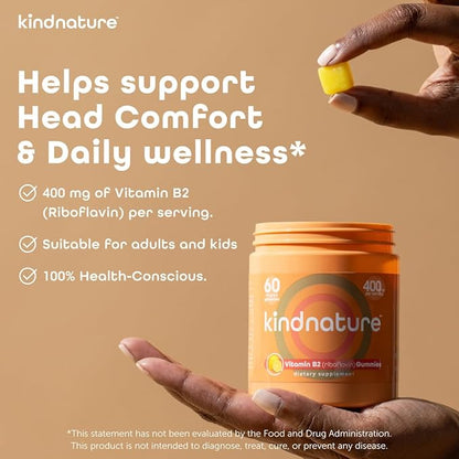 kindnature Vitamin B2 Gummies - Riboflavin 400mg Supplement for Kids & Adults - Non-GMO, Soy & Gluten-Free, Vegan Chewable Gummies (30 Day Supply)