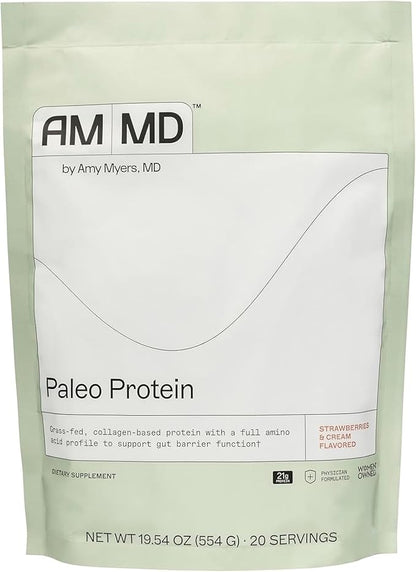 Amy Myers MD Paleo Protein Powder - Strawberries & Cream, 20 Servings - Collagen-Based Gut Function Support - Gluten-Free & Non-Dairy Protein Supplement