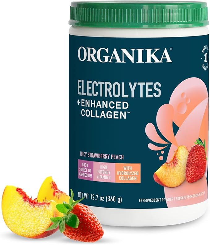 Organikа Electrolytes with Enhanced Collagen Powder for Women & Men - 13 oz - Strawberry Peach-Flavored Effervescent Electrolyte & Collagen Drink Mix - Deep Hydration, Mobility, Skin, Hair, & Nails