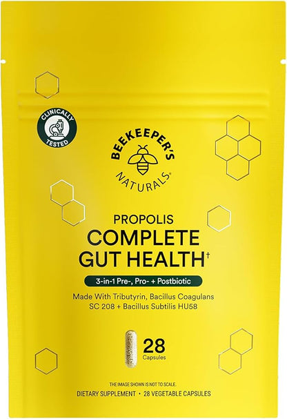 Beekeeper's Naturals Complete Gut Health, 3-in-1 Prebiotic, Postbiotic, Probiotics for Digestive Health & Bloating Relief for Women & Men, Propolis Powered, Gluten-Free Vegan Capsules, 28ct