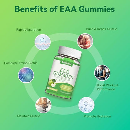 SmideHeal EAA Gummies, 5750 mg Essential Amino Acids - All 9 Essential Aminos (EAA) and All Branched-Chain Aminos (BCAAs), Non-GMO, Gluten Free, Vegetarian Friendly, Apple Flavor, 120 Gummies