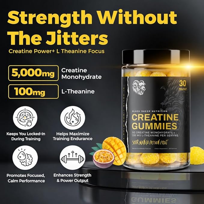 Creatine Monohydrate Gummies for Men and Women, 5g Creatine + L-Theanine for Muscle Growth, Strength, Focus, & Energy, Vegan, Non GMO, Gluten Free (120 Count, 30 Servings)