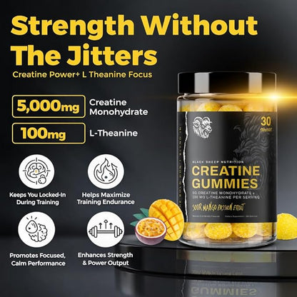 Creatine Monohydrate Gummies for Men and Women, 5g Creatine + L-Theanine for Muscle Growth, Strength, Focus, & Energy, Vegan, Non GMO, Gluten Free (120 Count, 30 Servings)