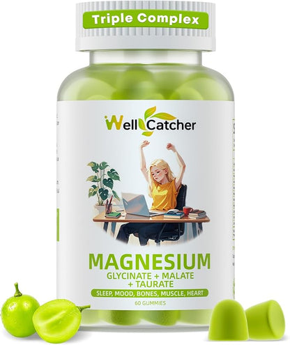 Triple Magnesium Complex Gummies for Women Men: Magnesium Glycinate Malate Taurate Supplements Support Sleep Mood Balanced Bones Muscle Health with CoQ10 Vta D3 Calcium, Sugar Free Vegan 30 Days