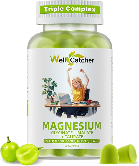 Triple Magnesium Complex Gummies for Women Men: Magnesium Glycinate Malate Taurate Supplements Support Sleep Mood Balanced Bones Muscle Health with CoQ10 Vta D3 Calcium, Sugar Free Vegan 30 Days