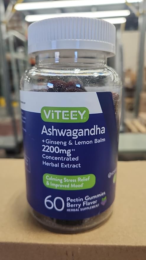 Viteey Ashwagandha Gummies with Ginseng & Lemon Balm - Mood, Calm & Stress Support Ashwagandha Supplements - Vegan, Gluten-Free - 120 Count
