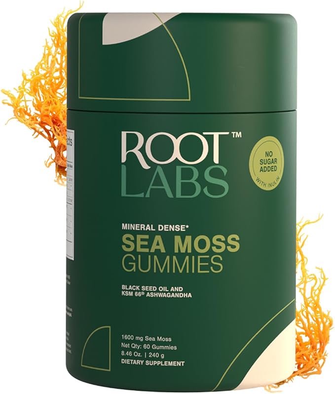 ROOT LABS Sea Moss Gummies I 92+ Minerals I Black Seed Oil I KSM 66 Ashwagandha I Lab Tested I No Added Sugar | for Men, Women I Non-GMO I 100% Natural & Organic I 1600 mg I 60 Gummy