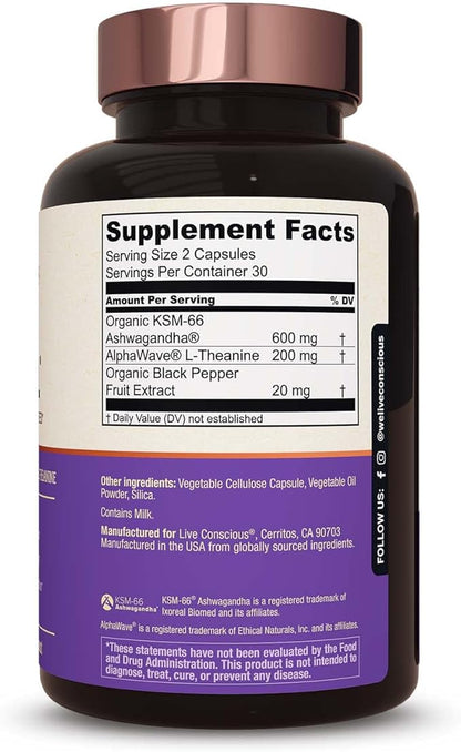 Live Conscious KSM-66 Ashwagandha Supplement w/L Theanine & AlphaWave - ZenWell Everyday Stress Relief, Cognitive, Brain Health - Ashwagandha for Men & Women - 60 Capsules
