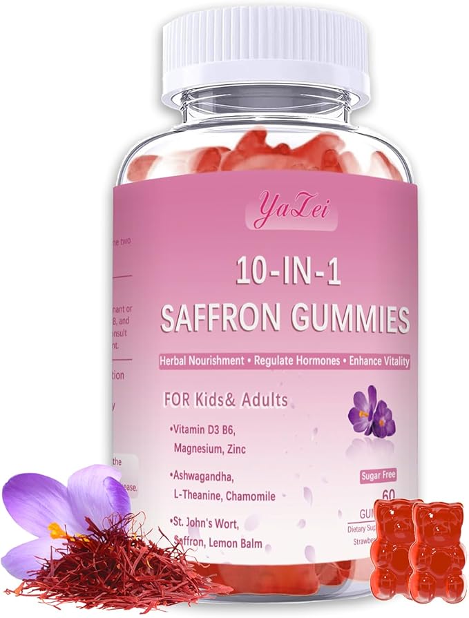 Saffron Supplements Gummies for Kids & Adults,Sugar Free,with Ashwagandha,L-Theanine,Chamomile,St. John's Wort,Lemon Balm,Vitamin D3 B6, Magnesium,Zinc Gummies for Zzz, Mood, Focus & Vision 60 Cnt