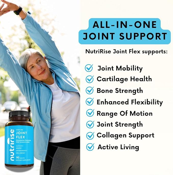 NutriRise Glucosamine Chondroitin Quercetin & MSM with Turmeric Curcumin 2100mg Triple Strength Joint Support Supplement for Women & Men with Boswellia & Bromelain, Gluten Free, Non GMO, 90 Count