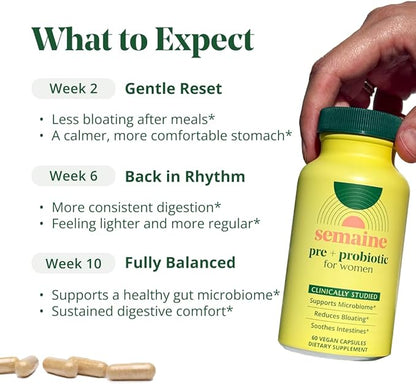 Semaine Super Powered Prebiotic + Probiotic for Women, Effective 3-in-1 Multi-Action Formula to Nourish Gut Health, Soothe IBS, Support Bloat Relief & Immunity Boost, Clinically-Studied (60 ct)
