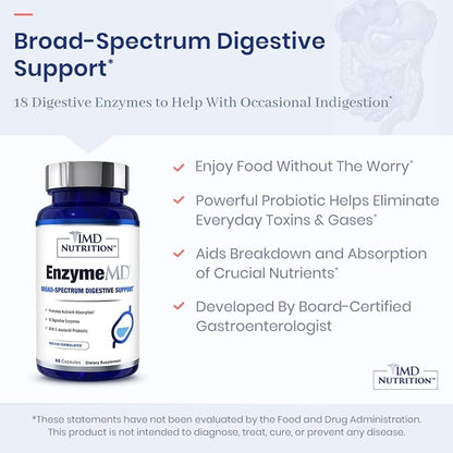 1MD Nutrition EnzymeMD - Digestive Enzymes Supplement - Doctor Formulated | 18 Plant-Based Enzymes - Gas & Bloating Support | 60 Capsules