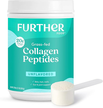 Further Food Unflavored Collagen Peptides Powder - 100% Grass-Fed, Hydrolyzed Type 1 & 3, 20g of Collagen per Serving, Supports Skin, Hair, Nails & Joints, 21.16 Oz