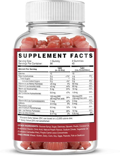 Vegan Iron Gummies Supplement - with Vitamin C, A, B-Complex, Folate, Zinc for Adults & Kids - Health Blood & Energy Support for Iron Deficiency, Anemia, No After Taste - Peach Flavor (90 Ct)