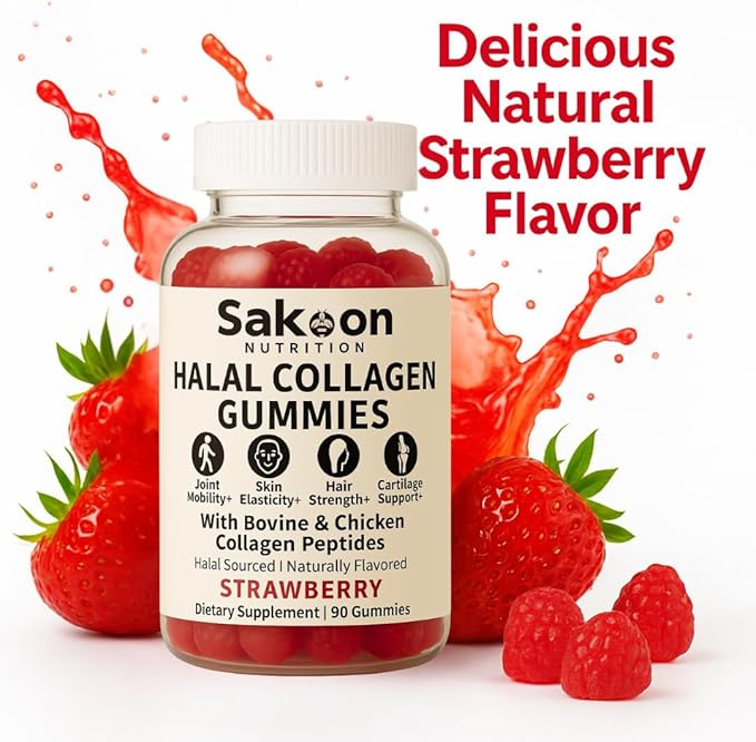 Sakoon nutrition Halal Certified Collagen Peptides Gummies | (Type I, II & III) Collagen Gummies for Women & Men | 90 Naturally Flavoured Strawberry Gummy to Support Hair, Skin, Joints & Nails | USA