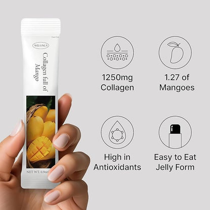 WELLINUS Korean Collagen Jelly Sticks - 25 Mango Flavored Marine Collagen Peptide Snacks for Anti-Aging- Collagen Protein Sugar-Free, Travel Packs for Hair & Nail Strength