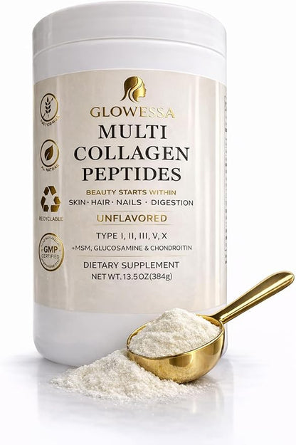 Multi Collagen Peptides Powder – Types I, II, III, V & X – Hydrolyzed Collagen Supplement for Hair, Skin, Nails & Joint Support – Unflavored Daily Collagen for Women & Men