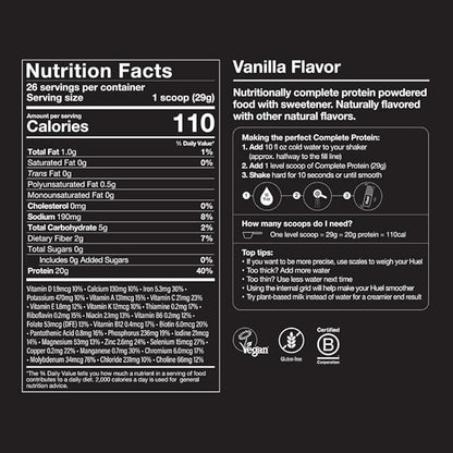 Huel Vegan Protein Powder | Vanilla | Complete Nutrition | 20g Protein Powder | 100% Plant-Based | 27 Vitamins & Minerals, Gluten Free, Non-GMO, Lactose Free | 26 Servings