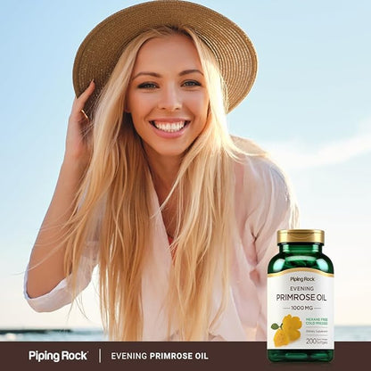 Piping Rock Evening Primrose Oil Softgels 1000mg | 200 Pills | Cold Pressed Dietary Supplement | Non-GMO, Gluten Free