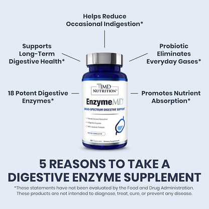 1MD Nutrition EnzymeMD - Digestive Enzymes Supplement - Doctor Formulated | 18 Plant-Based Enzymes - Gas & Bloating Support | 60 Capsules