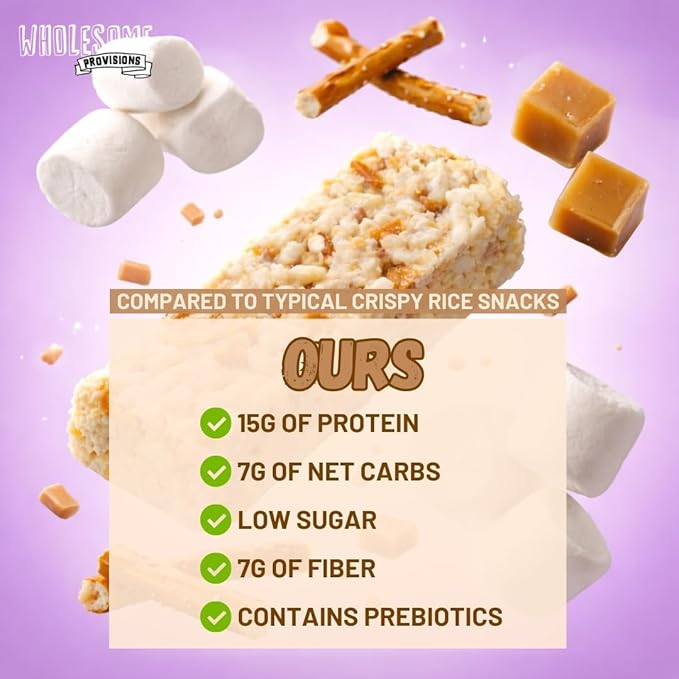 Protein Crispy Rice Treats, 15g Protein, 3g-7g Net Carbs, Low Carb, Fluffy, Soft, Chewy, Gluten Free, High Fiber, Keto-Friendly, No Aftertaste (Salted Toffee Crunch, 3 Pack)