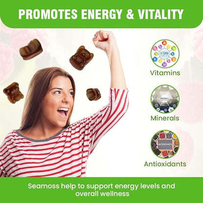 Safrel Irish Sea Moss Gummies 3000mg with Bladderwrack and Burdock Root, Thyroid Energy and Immune Support, Vegan Raspberry Flavor, 60 Gummies