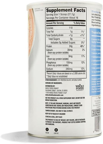 365 by Whole Foods Market, Soy Protein Powder, Unsweetened Vanilla Flavor, 15.63 oz