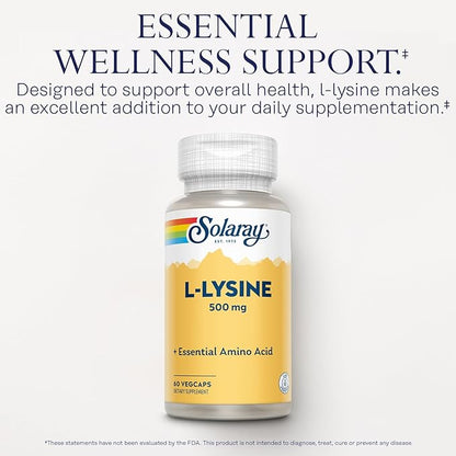 SOLARAY L Lysine 500 mg Capsules - Free-Form Essential Amino Acids Supplement - Powerful Wellness Support with L-Lysine Amino Acid - Lab Verified, 60-Day Guarantee, 60 Servings, 60 VegCaps