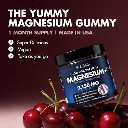 Magnesium Gummies 3in1 - Glycinate, Citrat, Malate 2150 MG High Absorption Supplement, Sugar-Free, Vegan, Chews for Men & Women, Inspired by Wellness Traditions Like Arjuna, 60 Gummies, Cherry Flavor
