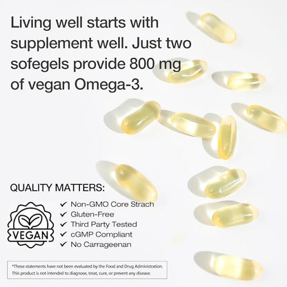 Vegan Omega-3 Algae DHA Supplements - 2000mg Algae Oil, Plant-Based Prenatal Algal DHA, 90 Carrageenan Free Softgels -Sustainable Fish Oil Alternative Supports Brain, Heart, Eyes, Joint Health
