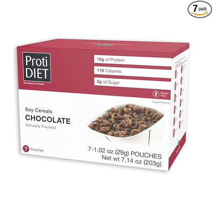 ProtiDIET High Protein Chocolate Soy Cereal - Gluten Free, Low Fat Healthy Cereal for Adults - Perfect for a Protein Snack or Breakfast - 7 Pouches