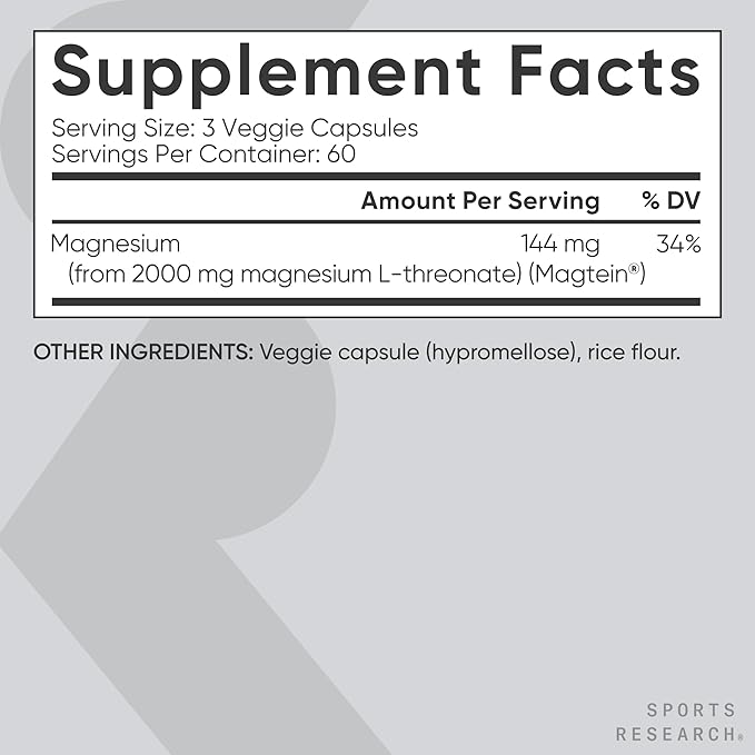 Sports Research® Magnesium L-Threonate Capsules 2000mg - High-Absorption Magtein® for Enhanced Brain Health, Memory, Focus & Restful Sleep Support - Vegan · Non-GMO · Gluten Free - 180 Count