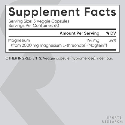Sports Research® Magnesium L-Threonate Capsules 2000mg - High-Absorption Magtein® for Enhanced Brain Health, Memory, Focus & Restful Sleep Support - Vegan · Non-GMO · Gluten Free - 180 Count