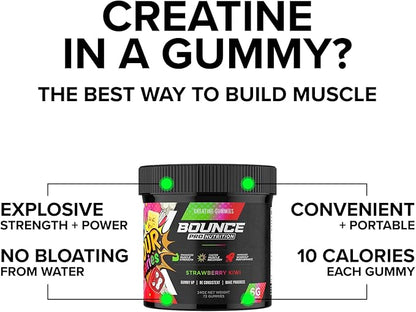 Bounce Pro Creatine Monohydrate Gummies for Men & Women, Low Calorie, 6G of Creatine per Serving, Vegan, Anti-Melting, Gluten-Free, Non-GMO (72 Count (Pack of 1), Strawberry Kiwi)