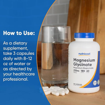 Nutricost Magnesium Glycinate Capsules (180 Capsules, 210 mg Per Serving) - Magnesium Glycinate Supplement for Gentle Absorption