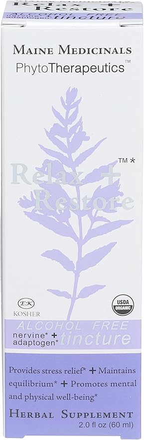 Relax + Restore Alcohol-Free Herbal Stress Support- with Nervines and Adaptogens for Healthy Calm* Certified Organic - 2 floz (60 Servings)
