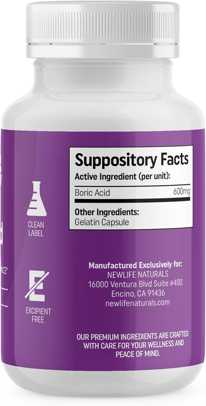NewLife Naturals - Boric Acid Suppositories for Women - 600mg - Feminine Care - for Vaginal Odor Use - 100% Pure- Made in USA - 60 Capsules