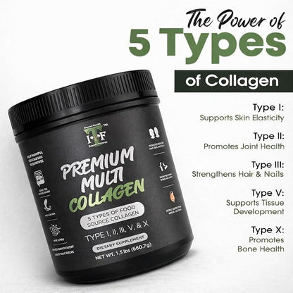 Multi Collagen Peptides Powder Unflavored - 5 Types Multi Collagen Complex (I, II, III, V, X) - Grass Fed Hydrolyzed Powder Collagen for Hair, Skin, Nails, Joints & Gut Health - 30 Servings