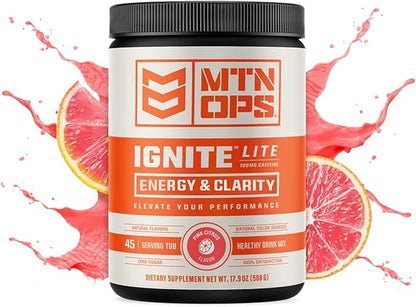 MTN OPS Ignite Lite Sugar Free Energy Drink Powder with 100mg Caffeine, Nootropic Blend for Energy & Focus, L Arginine & L Citrulline for Endurance, 45 Servings, Pink Citrus