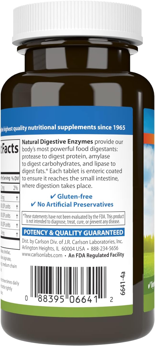 Carlson - Natural Digestive Enzymes, Digestive Aid #34 with Protease, Amylase & Lipase, Digestive Support, Nutrient Absorption & Optimal Wellness, 100 Tablets