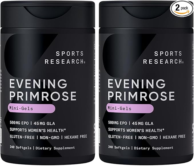 Sports Research Evening Primrose Oil (500mg) Cold-Pressed with No fillers or Artificial Ingredients, Non-GMO Tested - Gluten & Soy Free (240 Liquid Softgels) (Pack of 2)