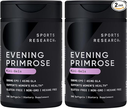 Sports Research Evening Primrose Oil (500mg) Cold-Pressed with No fillers or Artificial Ingredients, Non-GMO Tested - Gluten & Soy Free (240 Liquid Softgels) (Pack of 2)