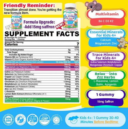 Kids 4+ Magnesium + Saffron Sleep Gummies, Relax Happy Filled Gummy, Bedtime Calcium Zinc, Mineral + Multivitamin Gummies, Melatonin Free | Vitamin D3 K2 | Bone, Only Need 1 Gummy - Sweet Dream Magic