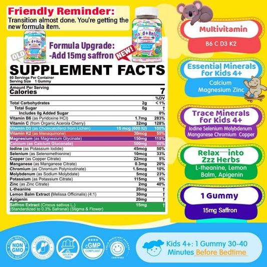 Kids 4+ Magnesium + Saffron Sleep Gummies, Relax Happy Filled Gummy, Bedtime Calcium Zinc, Mineral + Multivitamin Gummies, Melatonin Free | Vitamin D3 K2 | Bone, Only Need 1 Gummy - Sweet Dream Magic