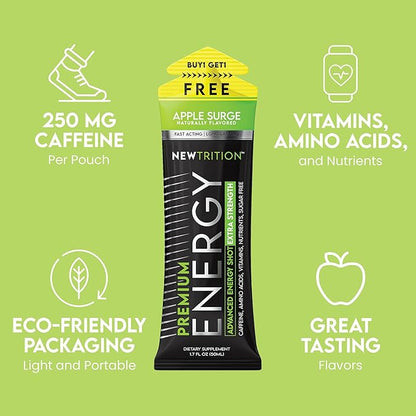 NewTrition® Extra Strength Energy Shots, 1.7 fl oz - 250mg Caffeine with Vitamin B & Amino Acids, Sugar-Free, Zero Calorie Vitamin Energy Drink for Focus & Endurance (Pack of 12, Apple Surge)