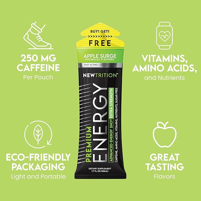 NewTrition® Extra Strength Energy Shots, 1.7 fl oz - 250mg Caffeine with Vitamin B & Amino Acids, Sugar-Free, Zero Calorie Vitamin Energy Drink for Focus & Endurance (Pack of 6, Apple Surge)
