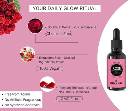 Earth N Pure Rose (Gulab Oil) Essential Oil Natural and Therapeutic Grade with Glass Dropper - 100 ml